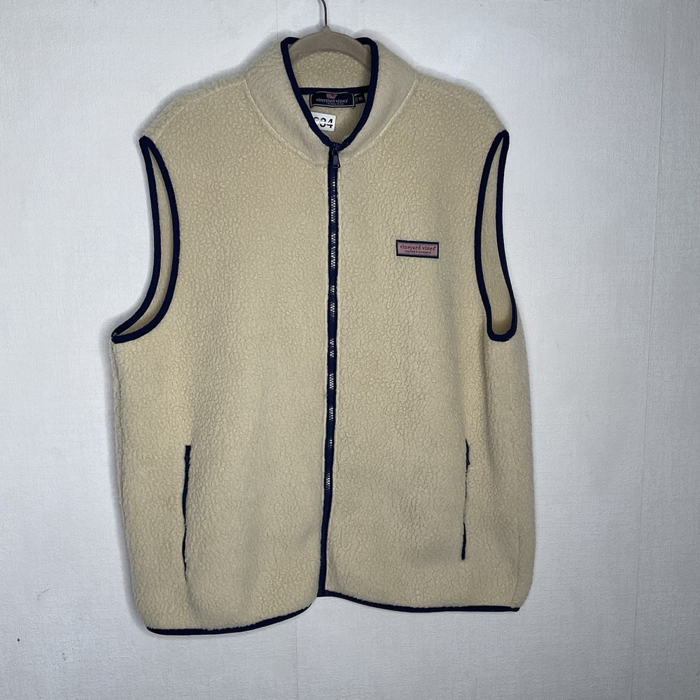 Vineyard Vines Men's XL Heritage Sherpa Faux Shearling Biscuit Navy Piping Vest